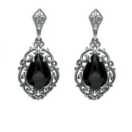 Sterling Silver Whitby Jet Heritage Heavy Carved Pear Earrings. E2176.