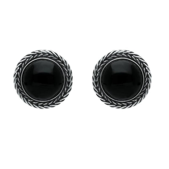 Sterling Silver Whitby Jet Large Round Foxtail Stud Earrings. E1456.