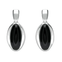Sterling Silver Whitby Jet Heritage Long Oval Drop Earrings. E2034.