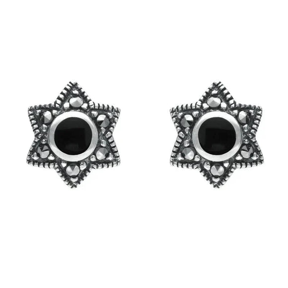 Silver Whitby Jet Marcasite 6 Point Star Stud Earrings E1638