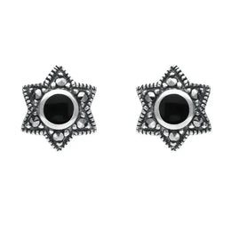Silver Whitby Jet Marcasite 6 Point Star Stud Earrings E1638