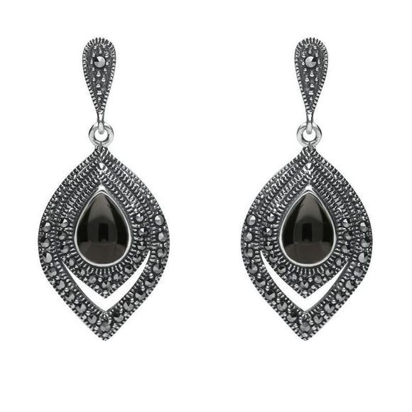 Sterling Silver Whitby Jet Marcasite Fancy Pear Stud Earrings E2238