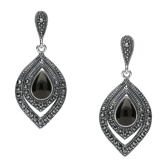 Sterling Silver Whitby Jet Marcasite Fancy Pear Stud Earrings. E2238.
