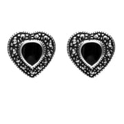 Sterling Silver Whitby Jet Marcasite Heart Shaped Stud Earrings. E879.