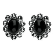 Sterling Silver Whitby Jet Marcasite Oval Beaded Edge Stud Earrings. E1637.