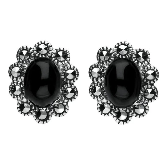 Sterling Silver Whitby Jet Marcasite Oval Beaded Edge Stud Earrings. E1637.