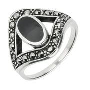 Sterling Silver Whitby Jet Marcasite Oval Split Edge Ring. R459.