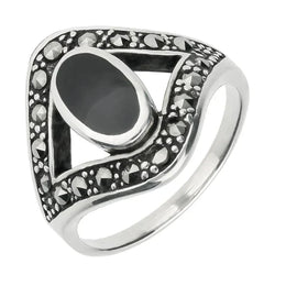 Sterling Silver Whitby Jet Marcasite Oval Split Edge Ring. R459.