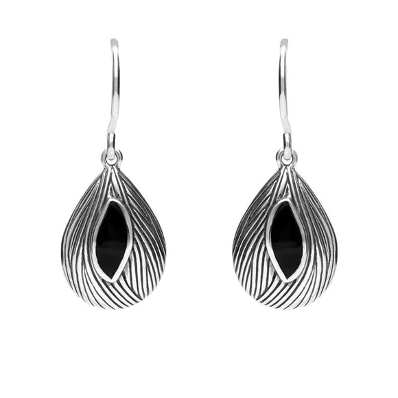 Silver Whitby Jet Marquise Shape Wave Wood Effect Earrings E1614