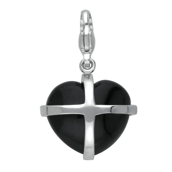 Silver Whitby Jet Medium Cross Heart Charm G481