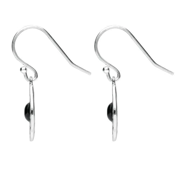 Silver Whitby Jet Open Petal Edge Flower Hook Earrings. E1617.