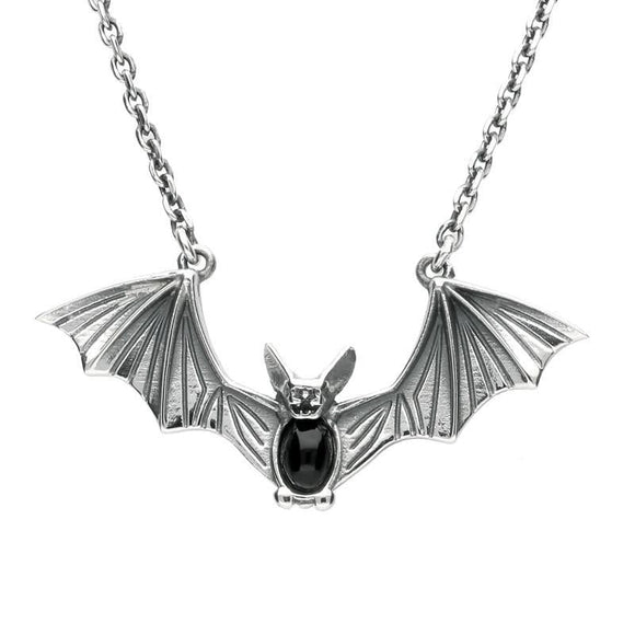Silver Whitby Jet Oval Belly Bat Necklace N845