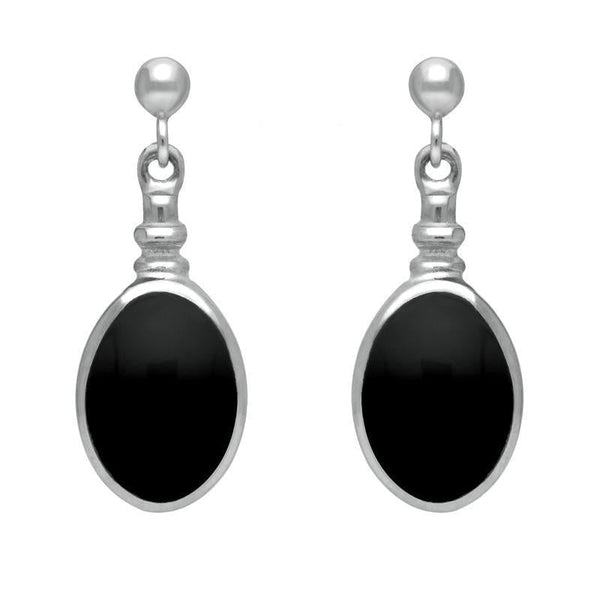 Sterling Silver Whitby Jet Oval Bottle Top Drop Earrings. E056.