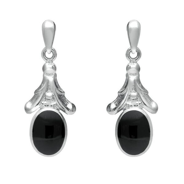 Silver Whitby Jet Oval Leaf Drop Stud Earrings E124