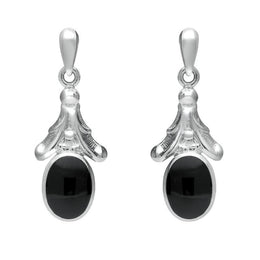 Silver Whitby Jet Oval Leaf Drop Stud Earrings E124