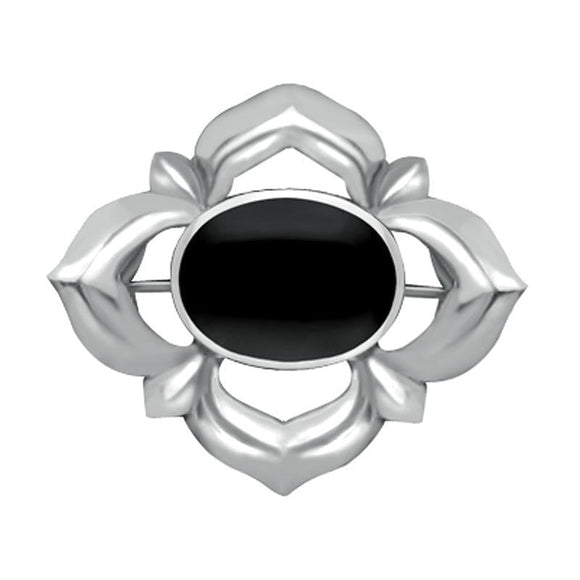 Sterling Silver Whitby Jet Oval Star Brooch M088