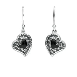 Silver Whitby Jet Oxidised Heart Drop Earrings E1956