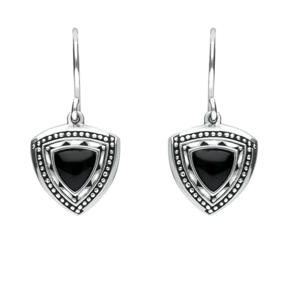 Silver Whitby Jet Oxidised Shield Drop Earrings E1915