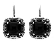 Silver Whitby Jet Oxidised Square Pattern Hook Drop Earrings E1952