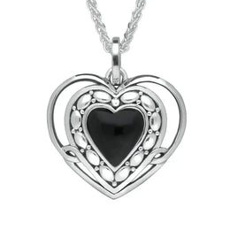Sterling Silver Whitby Jet Pattern Open Heart Necklace. P2623.