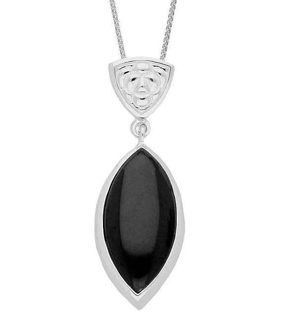 Sterling Silver Whitby Jet Patterned Marquise Necklace. P2625.