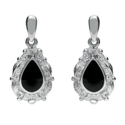 Sterling Silver Whitby Jet Pear Shaped Leaf Drop Earrings. E083.