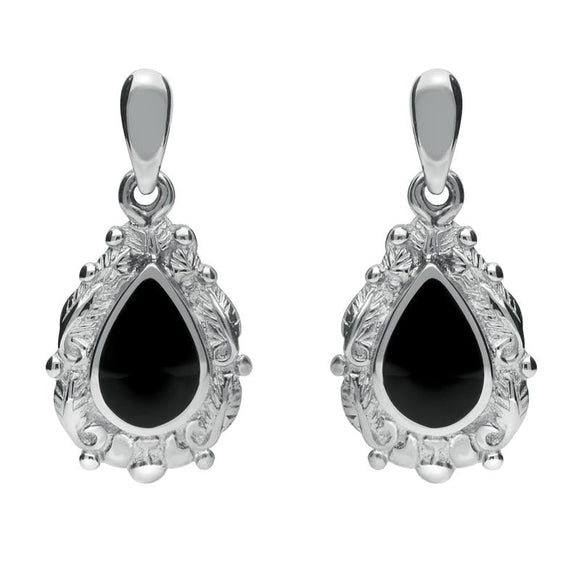Sterling Silver Whitby Jet Pear Shaped Leaf Drop Earrings. E083.