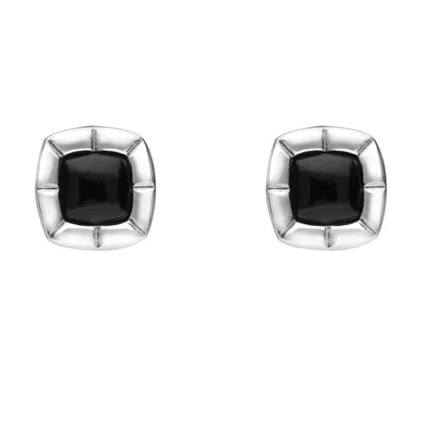 Sterling Silver Whitby Jet Ridged Cushion Stud Earrings. E1905.