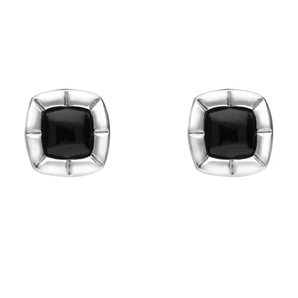 Sterling Silver Whitby Jet Ridged Cushion Stud Earrings. E1905.