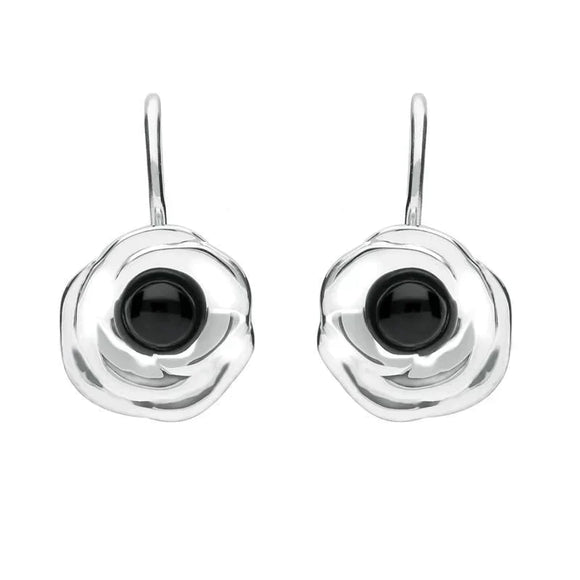 Silver Whitby Jet Rose Stone Centre Hook Earrings E1916