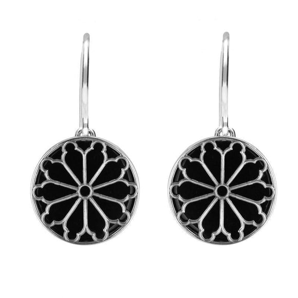Sterling Silver Whitby Jet Round Abbey Window Drop Earrings. E1828.