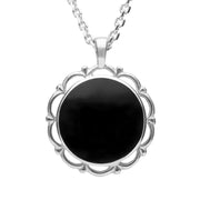Silver Whitby Jet Round Frill Pendant Necklace P059