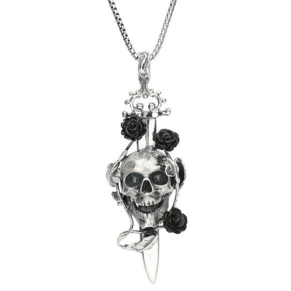 Silver Whitby Jet Skull Dagger Rose Necklace P2873C