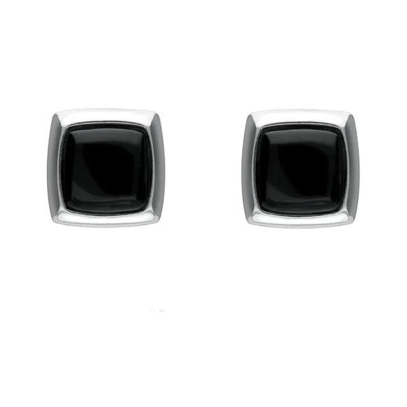 Sterling Silver Whitby Jet Square Edge Stud Earrings. E2129.