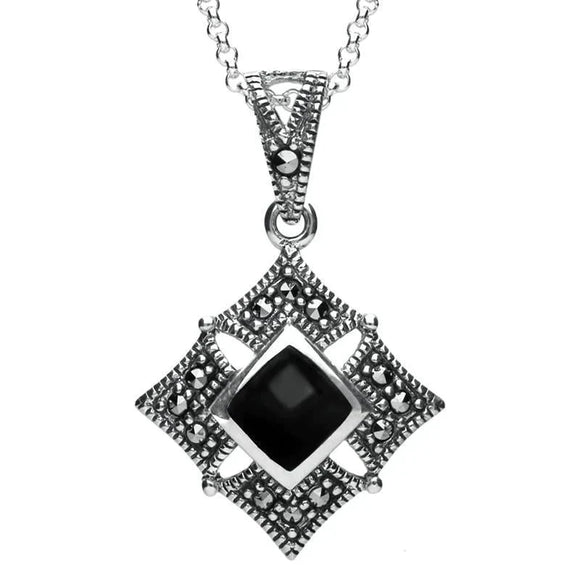 Silver Whitby Jet Square Marcasite Necklace P2341