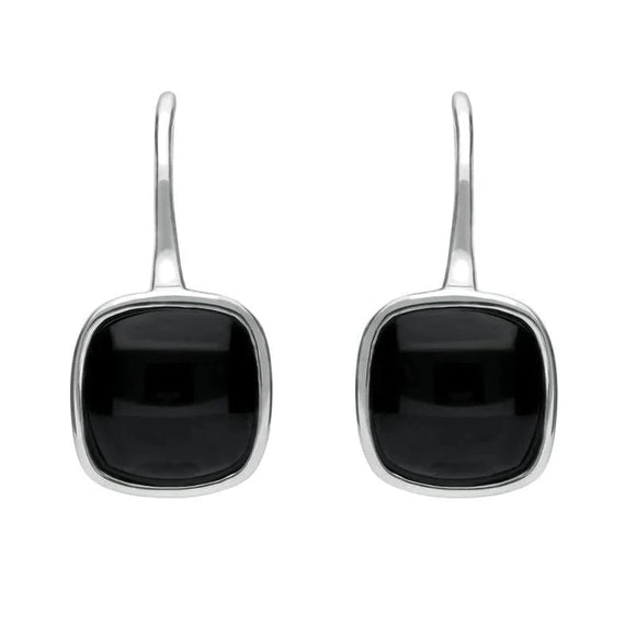 Sterling Silver Whitby Jet Stone Cushion Drop Earrings E1917
