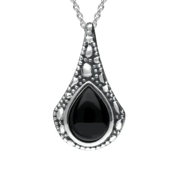 Silver Whitby Jet Stone Teardrop Oxidised Necklace P2535