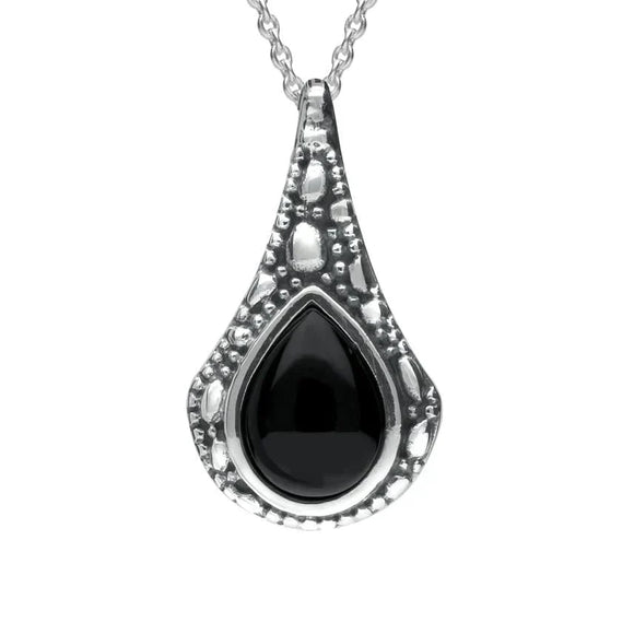 Silver Whitby Jet Stone Teardrop Oxidised Necklace P2535