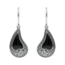 Sterling Silver Whitby Jet Tear Shape Oxidised Drop Earrings E1955