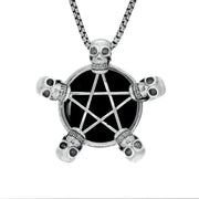 Silver Whitby Jet Unique Pentagram 5 Skulls Necklace P3583C