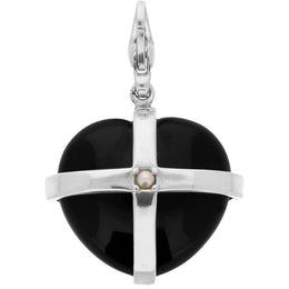 Sterling Silver Whitby Jet and Single Pearl Large Cross Heart Charm G766