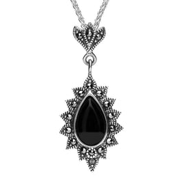 Silver Whitby Jet Marcasite Beaded Edge Pear Necklace P2121