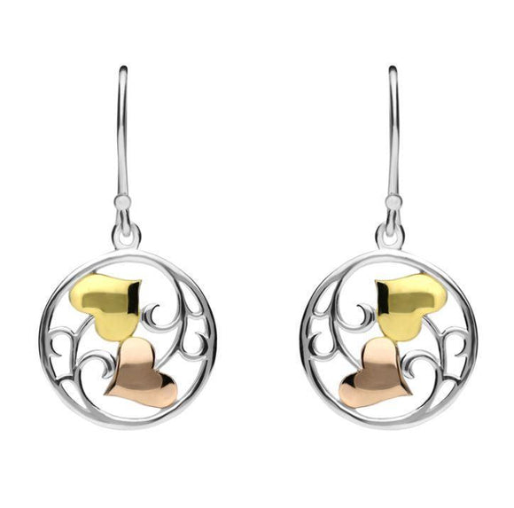 Silver Yellow Rose Gold Heart and Vine Hook Earrings E2362