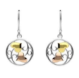 Silver Yellow Rose Gold Heart and Vine Hook Earrings E2362