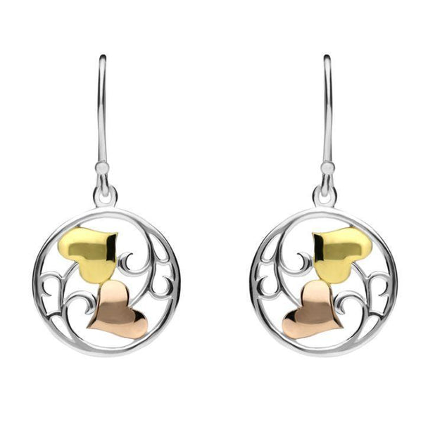 Silver Yellow Rose Gold Heart and Vine Hook Earrings E2362