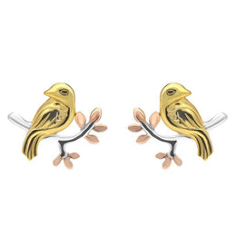 Silver Yellow and Rose Gold Bird on a Branch Stud Earrings E2373