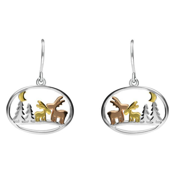 Silver Yellow and Rose Gold Reindeer and Trees Hook Earrings E2366