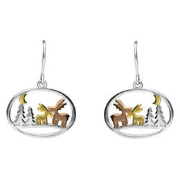 Silver Yellow and Rose Gold Reindeer and Trees Hook Earrings E2366