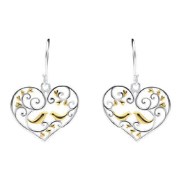Sterling Silver Yellow Gold Bird Vine Open Heart Hook Earrings E2375