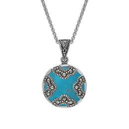 Sterling Silver Turquoise Marcasite Round Four Arc Necklace, P2140.